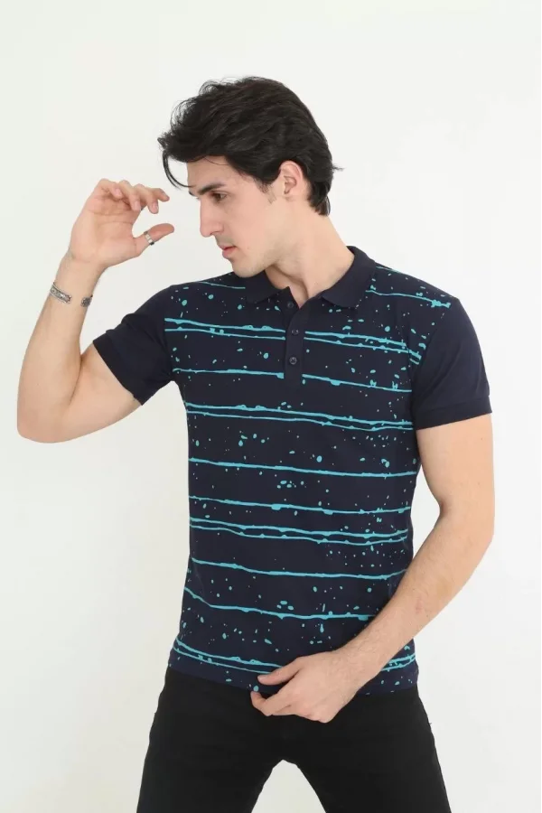 Luz&Pos Erkek Yakalı Slim Fit Pike Çizgili T-shirt - Lacivert