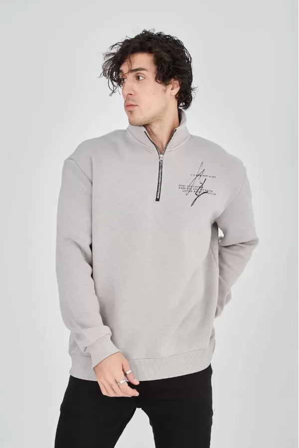 Luz&Pos Erkek Yarım Fermuarlı Baskılı Sweat - Boyalı Gri