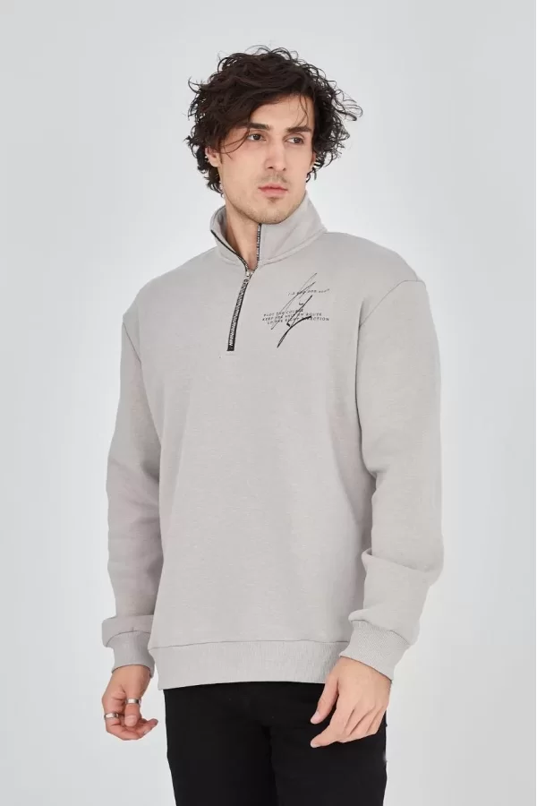 Luz&Pos Erkek Yarım Fermuarlı Baskılı Sweat - Boyalı Gri