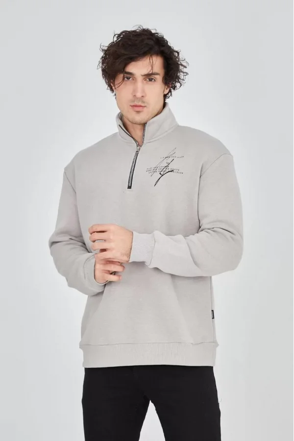 Luz&Pos Erkek Yarım Fermuarlı Baskılı Sweat - Boyalı Gri