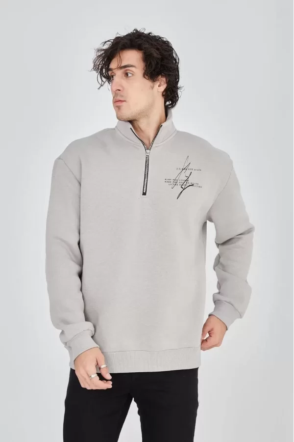 Luz&Pos Erkek Yarım Fermuarlı Baskılı Sweat - Boyalı Gri