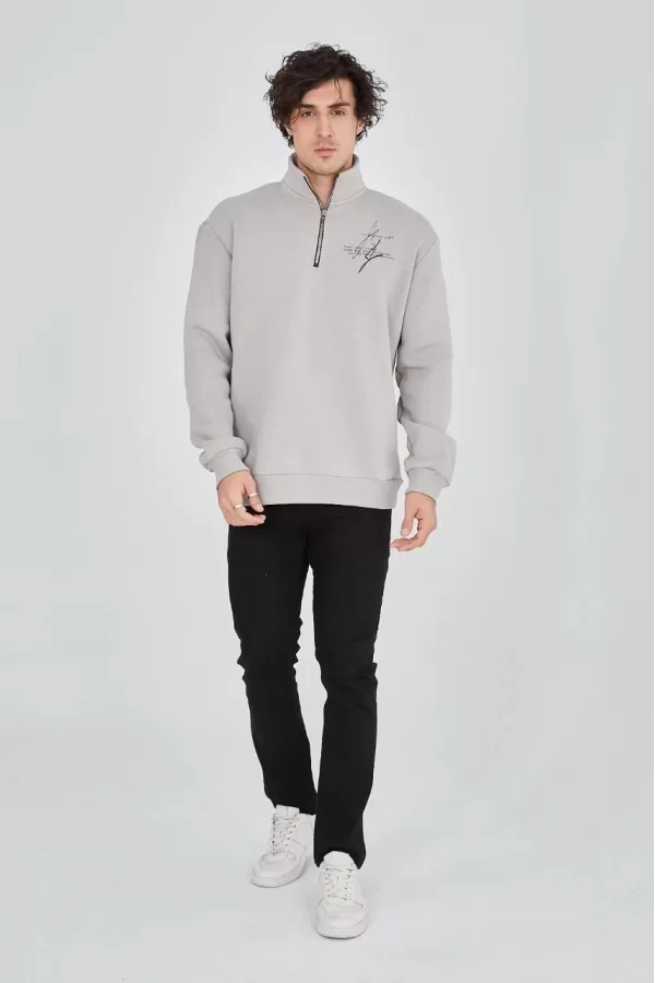 Luz&Pos Erkek Yarım Fermuarlı Baskılı Sweat - Boyalı Gri