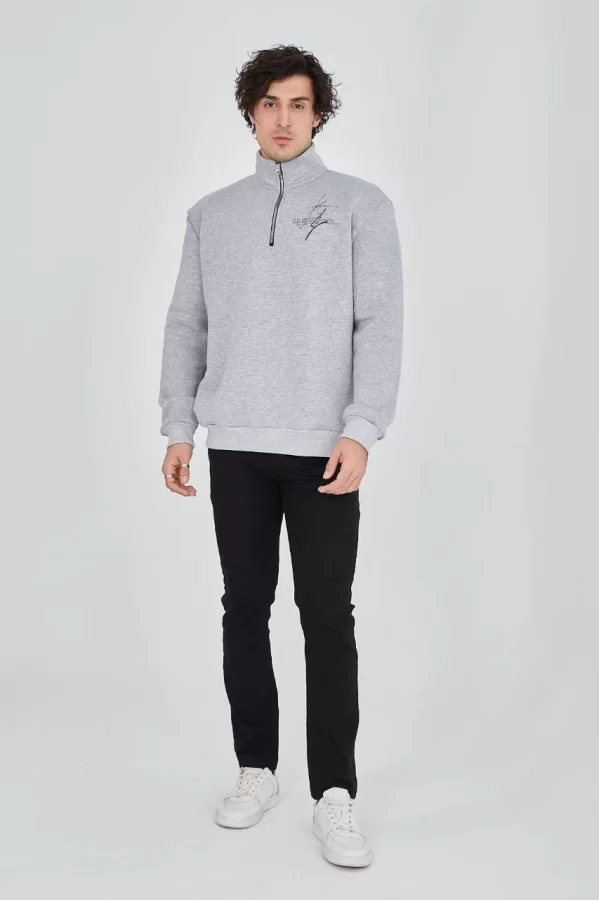 Luz&Pos Erkek Yarım Fermuarlı Baskılı Sweat - Gri