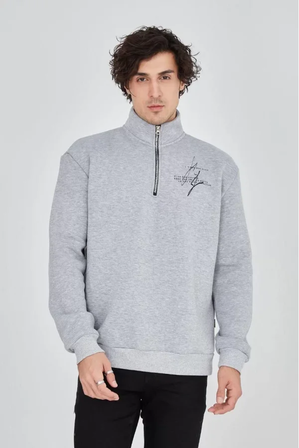 Luz&Pos Erkek Yarım Fermuarlı Baskılı Sweat - Gri