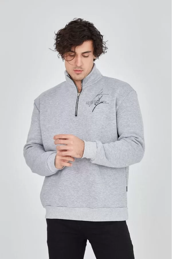 Luz&Pos Erkek Yarım Fermuarlı Baskılı Sweat - Gri