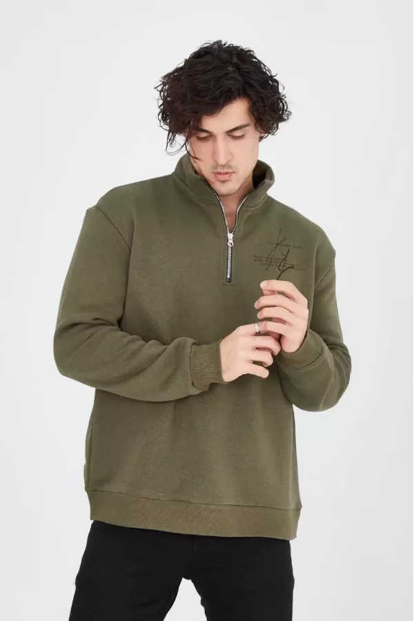 Luz&Pos Erkek Yarım Fermuarlı Baskılı Sweat - Yeşil