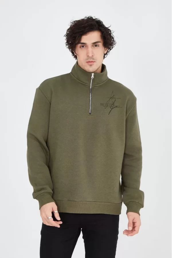 Luz&Pos Erkek Yarım Fermuarlı Baskılı Sweat - Yeşil