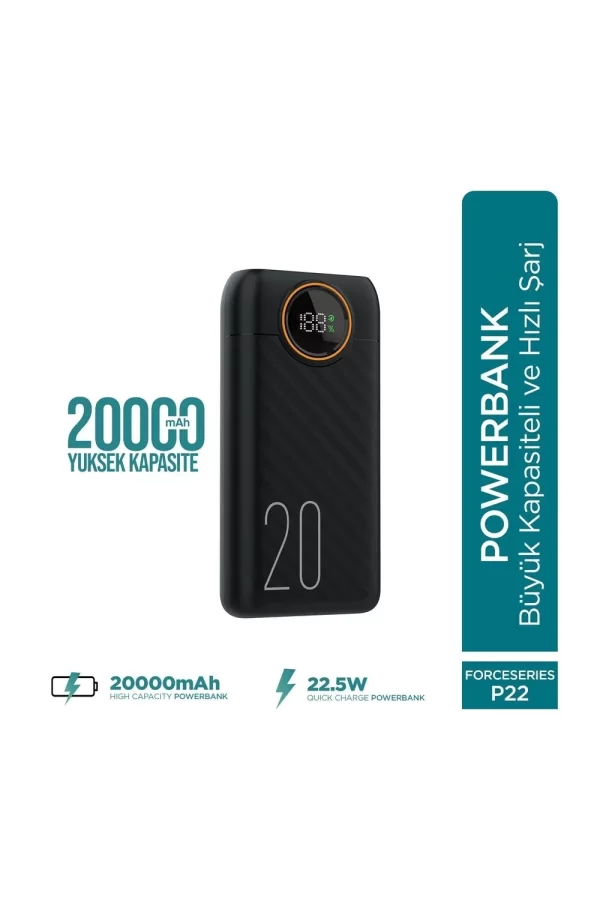 Force P22 20000mah 22.5w Hızlı Şarj Cihazı  - Fast Powerbank  - Dijital Ekran - Taşınabilir Şarj Cihazı