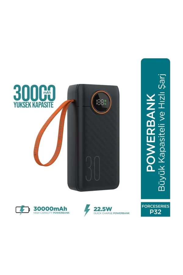 Force P32 30000mah 22.5w Hızlı Şarj Cihazı - Dahili Kablolu  - Fast Powerbank  - Dijital Ekran - Taşınabilir Şarj Cihazı