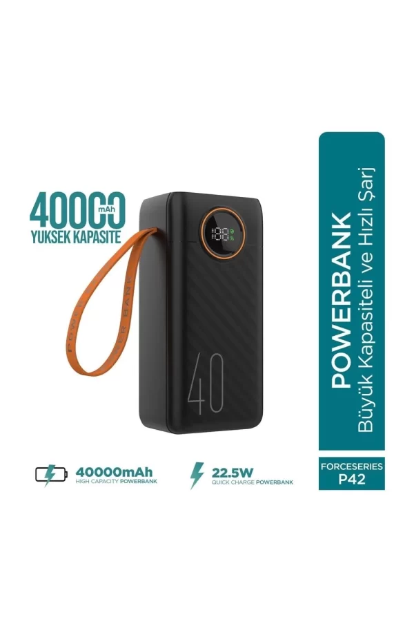 Force P42 40000mah 22.5w Hızlı Şarj Cihazı - Dahili Kablolu  - Fast Powerbank  - Dijital Ekran - Taşınabilir Şarj Cihazı
