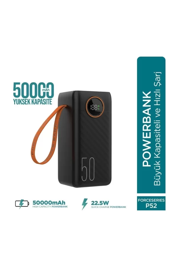 Force P52 50000mah 22.5w Hızlı Şarj Cihazı - Dahili Kablolu  - Fast Powerbank  - Dijital Ekran - Taşınabilir Şarj Cihazı