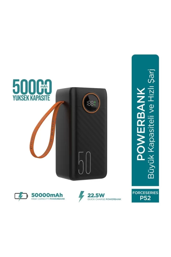 Force P52 50000mah 22.5w Hızlı Şarj Cihazı - Dahili Kablolu  - Fast Powerbank  - Dijital Ekran - Taşınabilir Şarj Cihazı