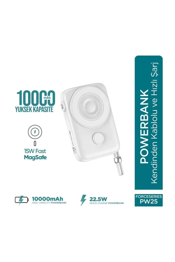 Force Pw25 10000mah 22.5w Kendinden Kablolu Magsafe Powerbank - Kablosuz Mini Şarj Cihazı - Dijital Ekran - Taşınabilir Şarj Cihazı