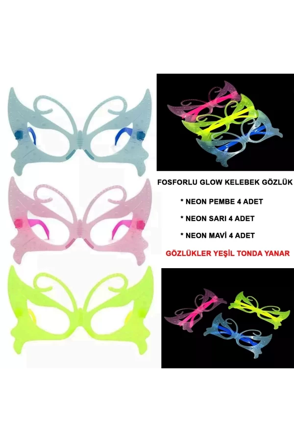 Fosforlu Kelebek Model Glow Parti Gözlüğü Karanlıkta Yanan Gözlükler 12 Adet