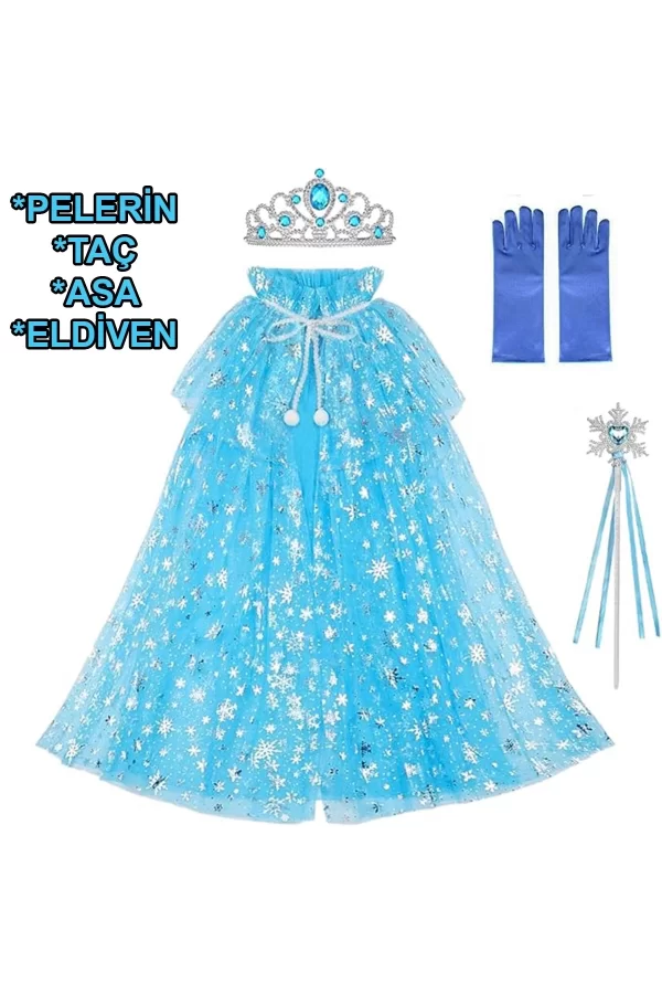 Frozen Elsa Pelerin Taç Asa Ve Eldiven Seti 80 Cm