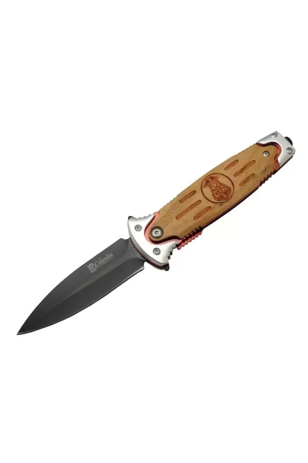Fs 11031 Kahverengi Kamp Çakı 20cm- Police İşlemeli, Ahşap Sap, Kemerlikli, Cam Kırma Aparatlı