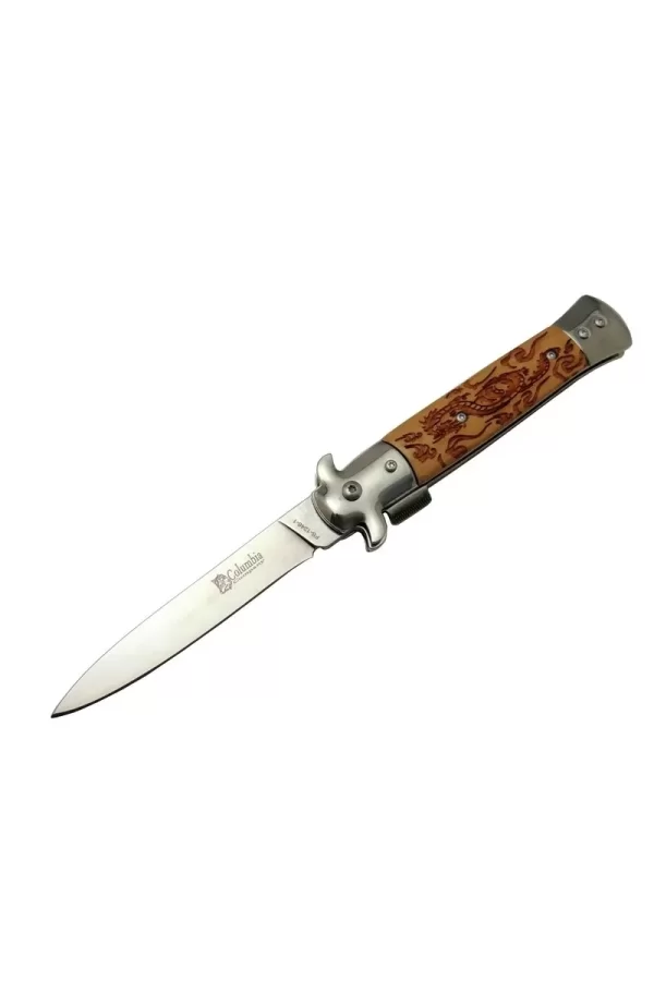 Fs 12461 Kahverengi  Çakı 23cm - Ejder İşlemeli Sap, Kemerlikli, Arkadan Tetikli