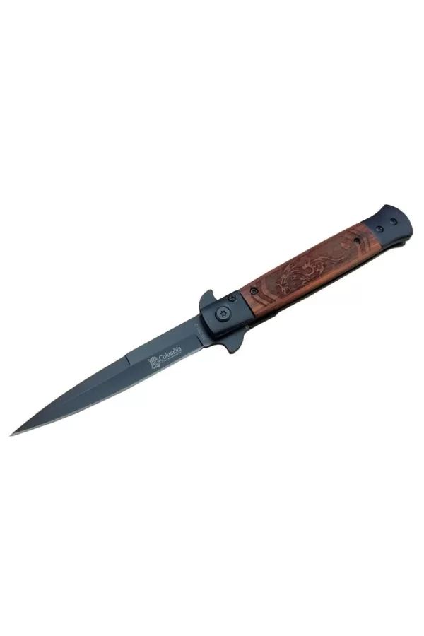Fs 902 Siyah Kamp Çakı 23cm- Yarı Otomatik, Ejderha Motifli Ahşap Sap, Kemerlikli