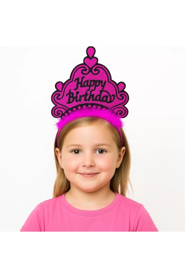 Fuşya Happy Birthday Prenses Tacı – Doğum Günü Taç Aksesuarı