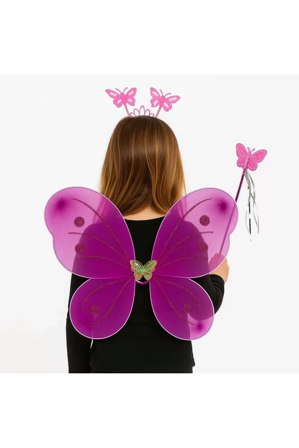 Fuşya Kelebek Kız Seti – 50 Cm Kelebek Kanadı, Taç Ve Asa