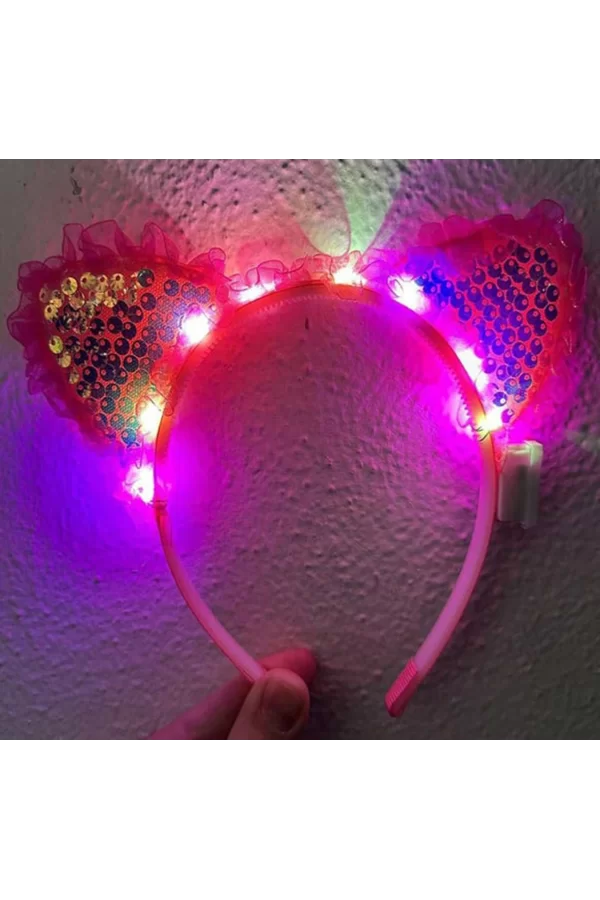 Fuşya Pullu Led Işıklı Kedi Kulak Taç