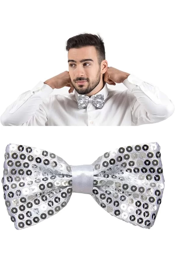 Gece Işıltısı Gümüş Payetli Pullu Papyon 7x2 Cm