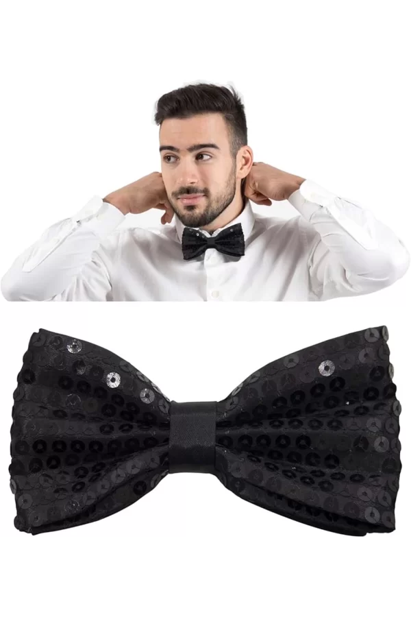 Gece Işıltısı Siyah Payetli Pullu Papyon 7x2 Cm