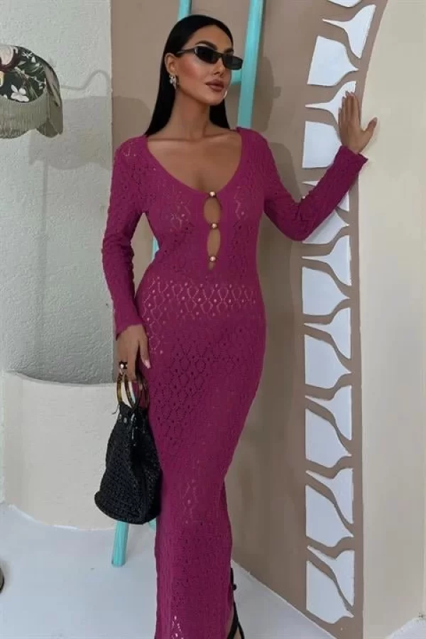 Göğüs Aksesuar Ve Pencereli Triko Elbise 2852