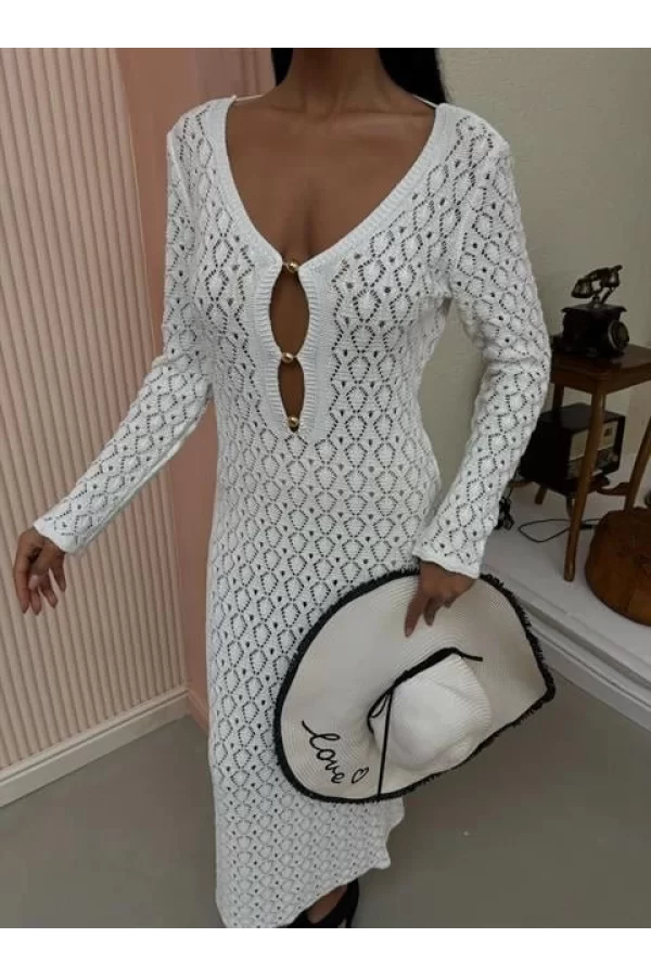 Göğüs Aksesuar Ve Pencereli Triko Elbise 2852