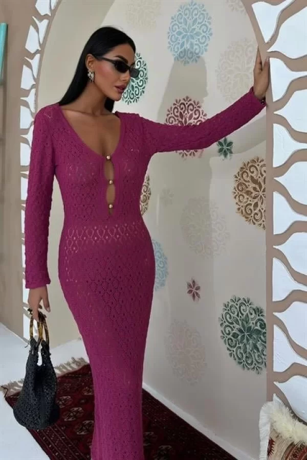Göğüs Aksesuar Ve Pencereli Triko Elbise 2852