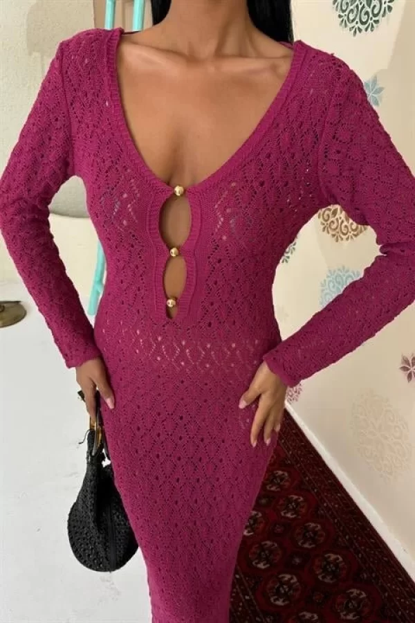 Göğüs Aksesuar Ve Pencereli Triko Elbise 2852