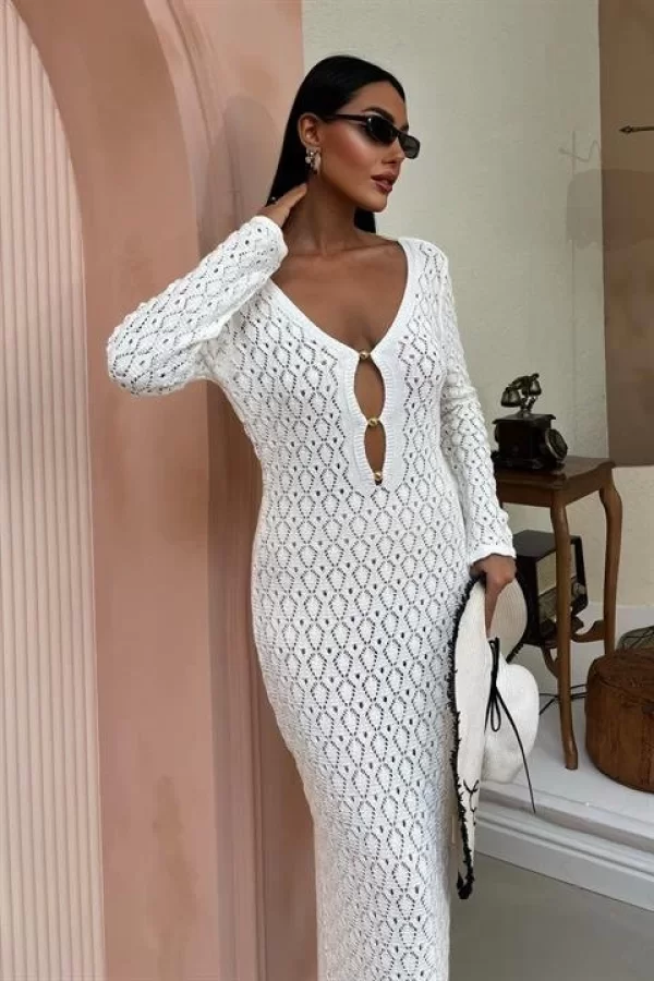 Göğüs Aksesuar Ve Pencereli Triko Elbise 2852