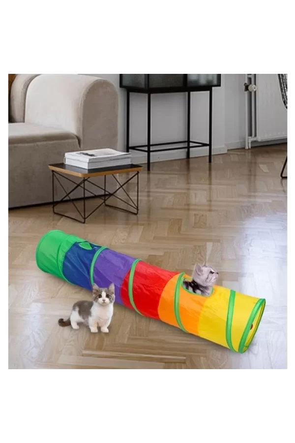 Gökkuşağı Desenli  Kedi Oyun Tüneli, Katlanabilir 125 cm