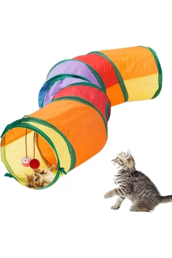 Gökkuşağı Desenli S Model Kedi Oyun Tüneli, Katlanabilir 125 cm