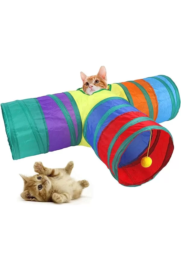 Gökkuşağı Desenli T Model Kedi Oyun Tüneli, Katlanabilir 50 x 75 cm