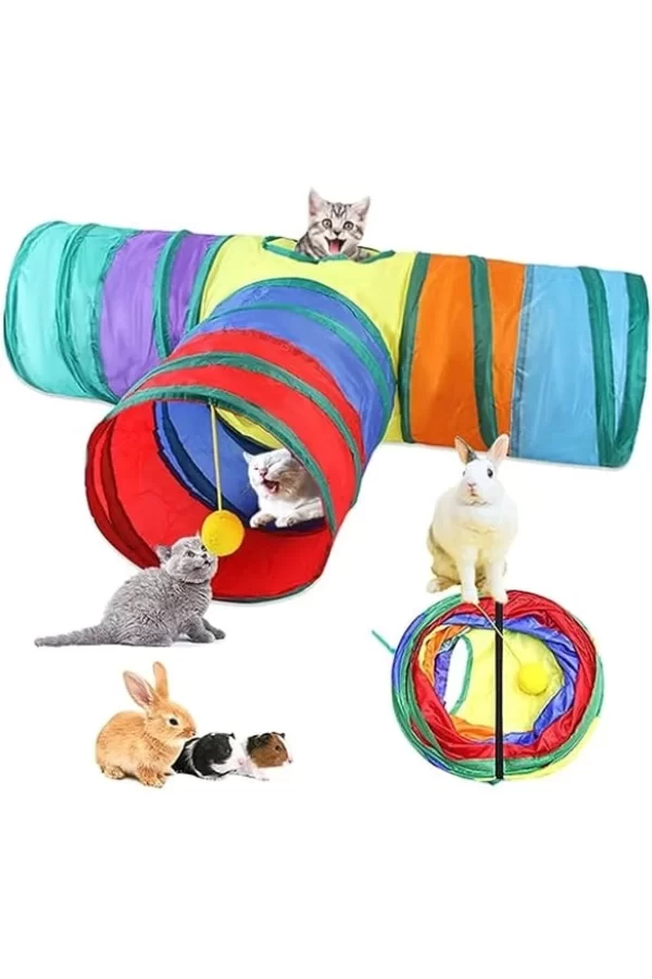 Gökkuşağı Desenli T Model Kedi Oyun Tüneli, Katlanabilir 50 x 75 cm
