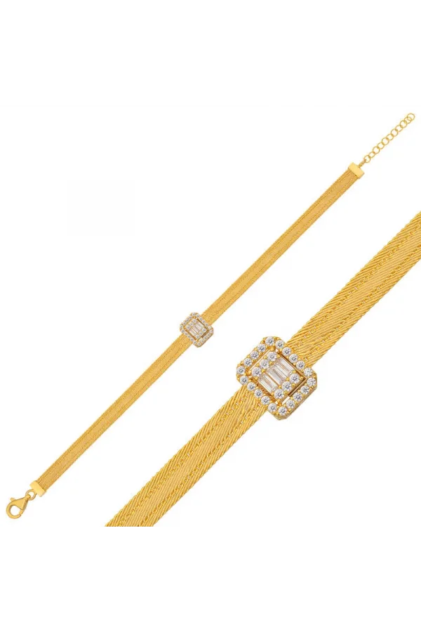 Luz&Pos Gümüş Gold Baget Taşlı Trabzon Hasır Kadın Bileklik