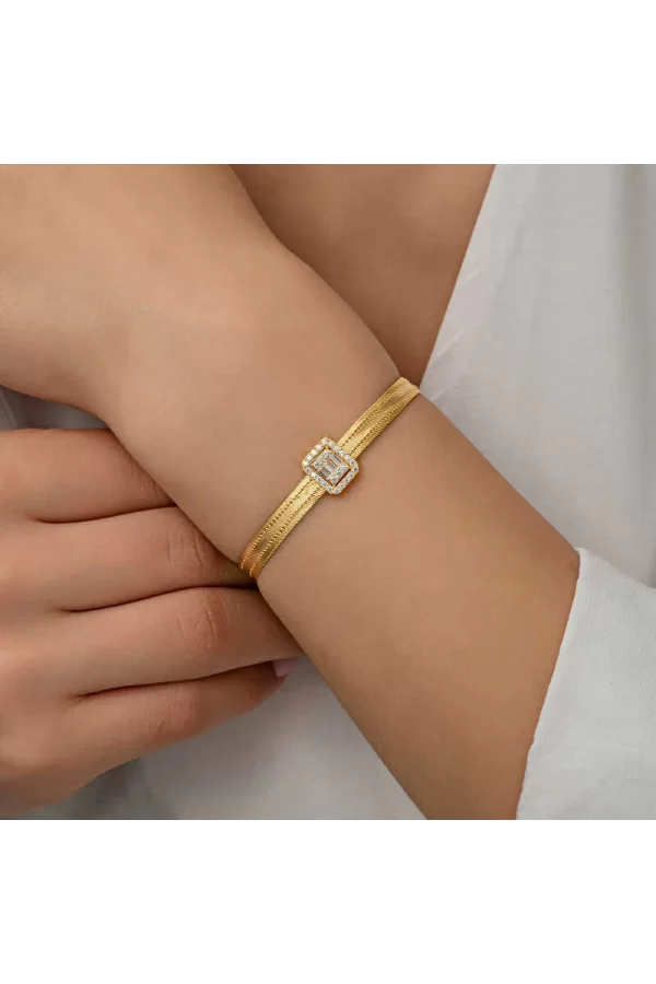 Luz&Pos Gümüş Gold Baget Taşlı Trabzon Hasır Kadın Bileklik