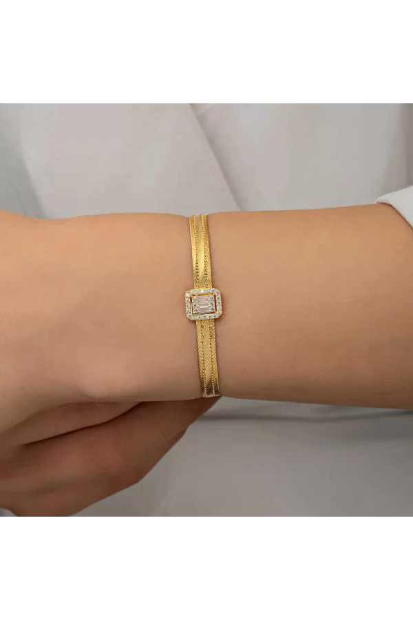 Luz&Pos Gümüş Gold Baget Taşlı Trabzon Hasır Kadın Bileklik