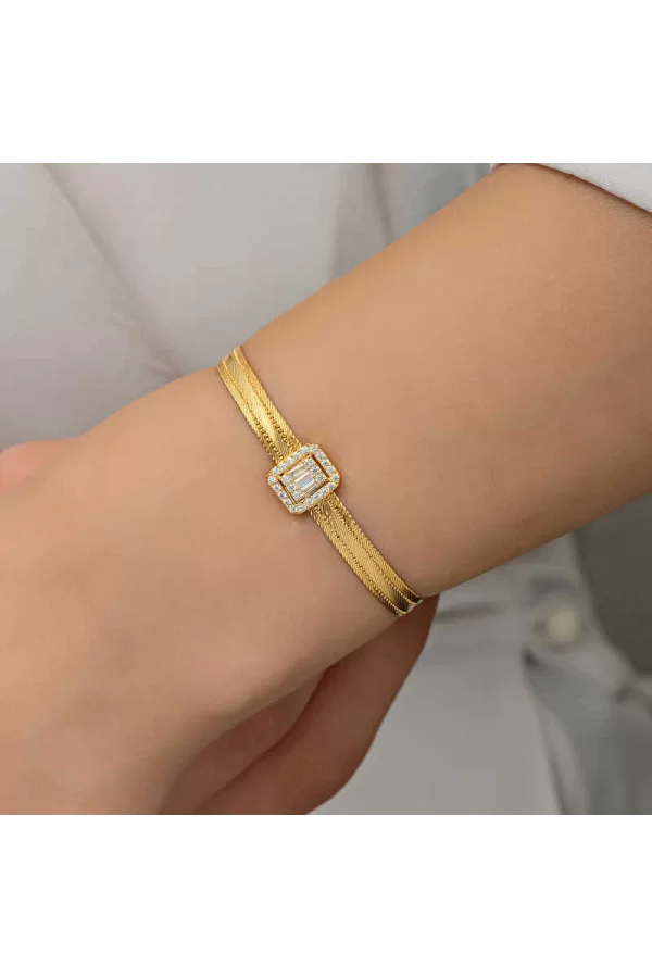 Luz&Pos Gümüş Gold Baget Taşlı Trabzon Hasır Kadın Bileklik