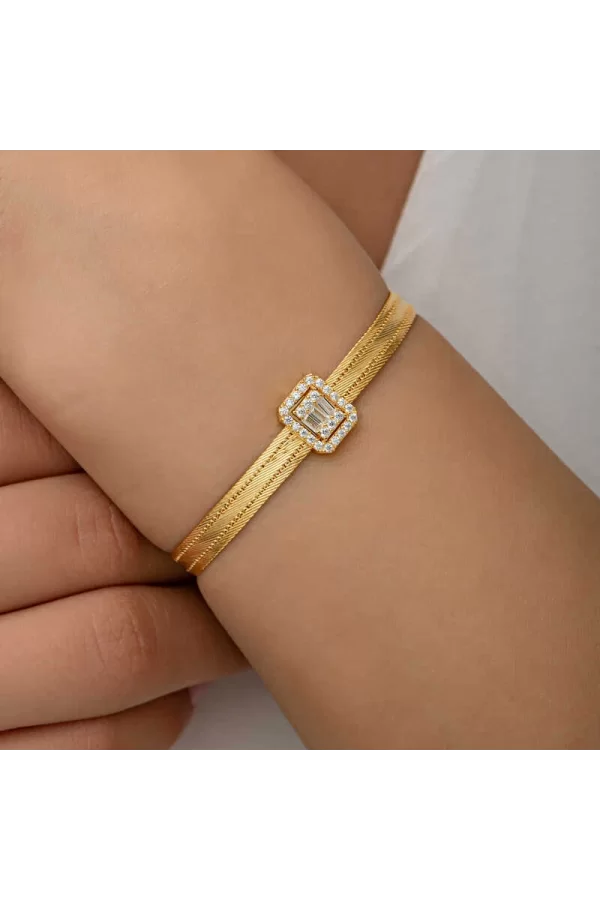 Luz&Pos Gümüş Gold Baget Taşlı Trabzon Hasır Kadın Bileklik