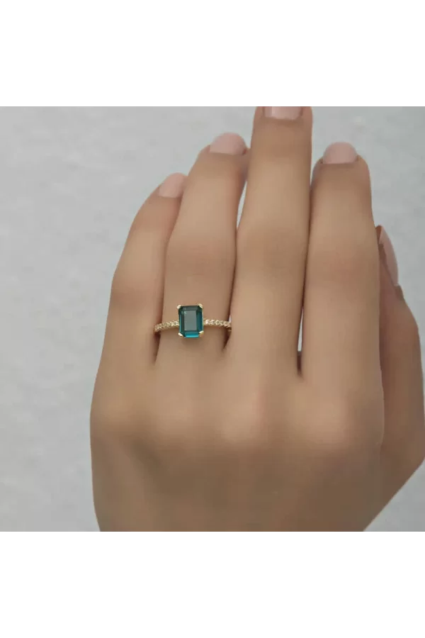 Luz&Pos Gümüş Gold Yeşil Baget Taşlı Kadın Yüzük