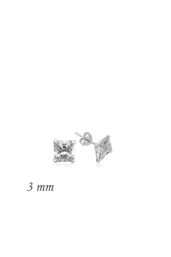 Luz&Pos Gümüş Kare Tek Taş Zirkon Küpe - 3 Mm