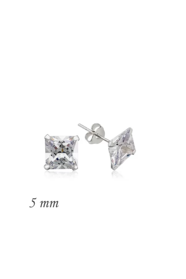 Luz&Pos Gümüş Kare Tek Taş Zirkon Küpe - 5 Mm