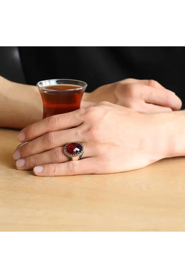Luz&Pos Gümüş Kırmızı Zirkon Taşlı Erkek Yüzük