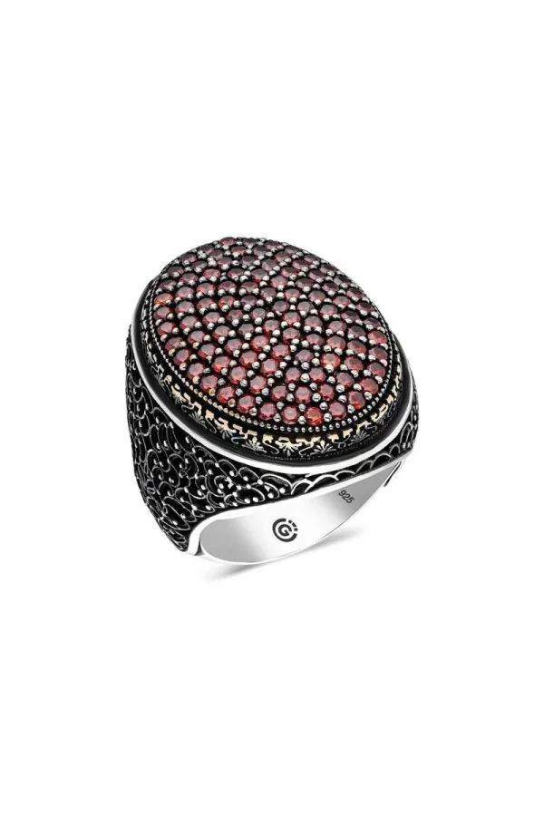 Luz&Pos Gümüş Kırmızı Zirkon Taşlı Oval Erkek Yüzük