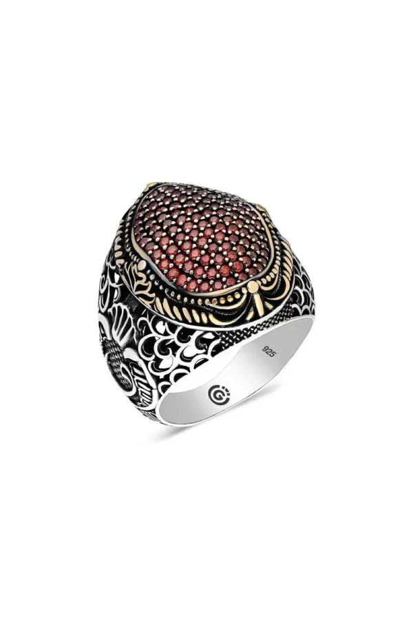 Luz&Pos Gümüş Kırmızı Zirkon Taşlı Oval Erkek Yüzük