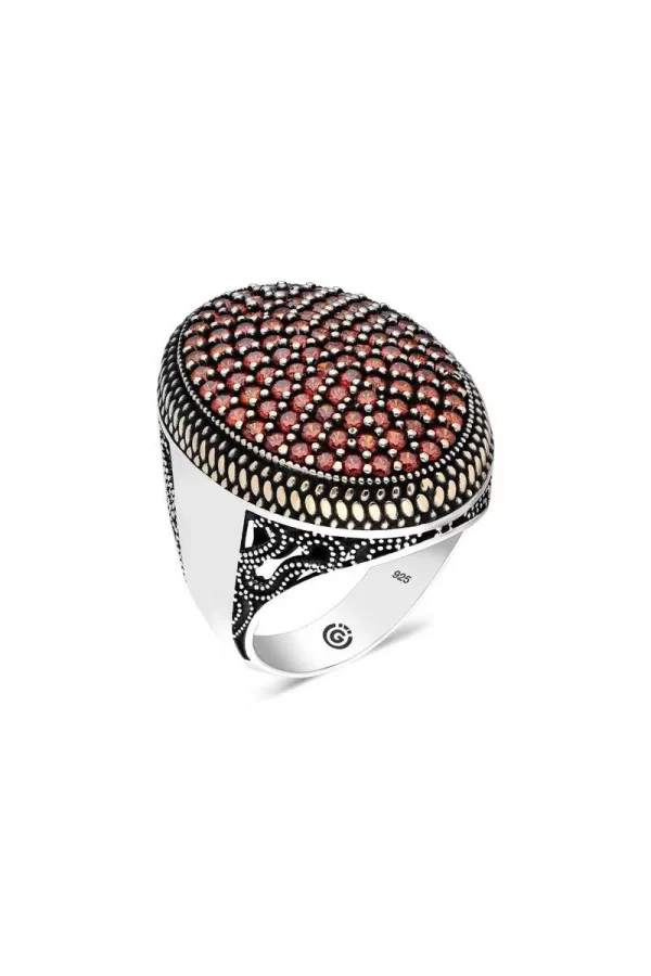 Luz&Pos Gümüş Kırmızı Zirkon Taşlı Oval Erkek Yüzük