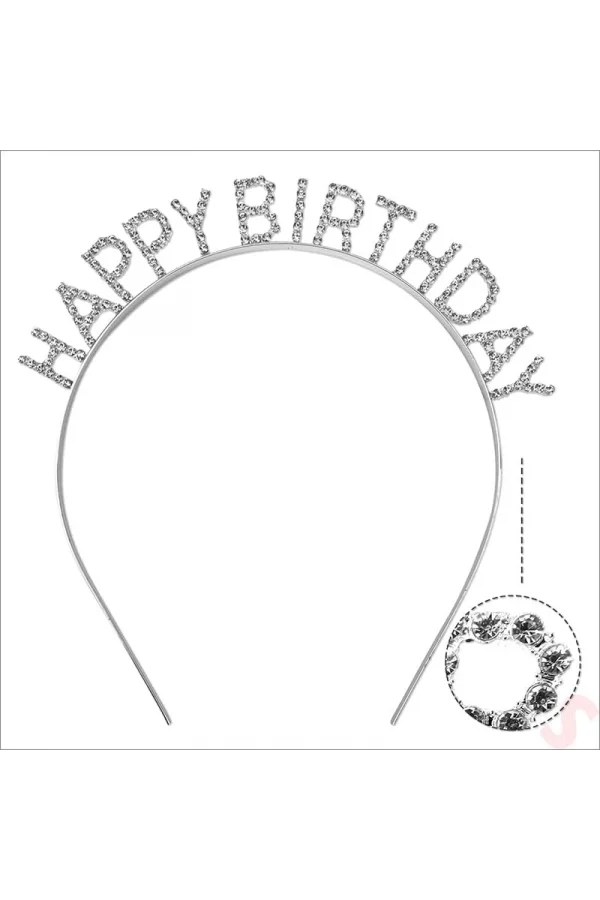 Gümüş Kristal Taşlı Happy Birthday Tacı
