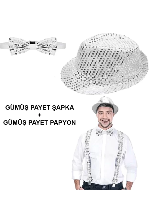Gümüş Payetli Şapka Ve Papyon Seti – Parıltılı Yetişkin Kostüm Seti